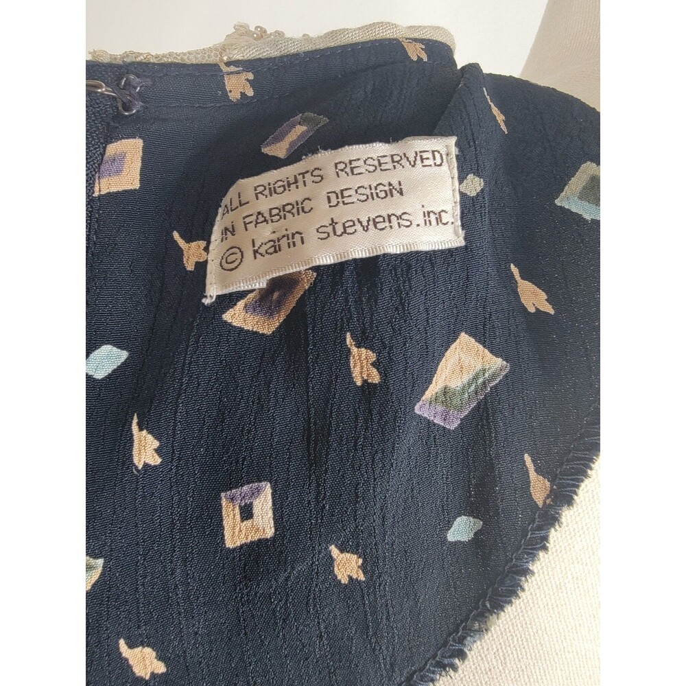 Karin Stevens Navy Vtg Geometric Print Midi Dress Lace Collar Beaded Vintage 10 - Picture 13 of 16